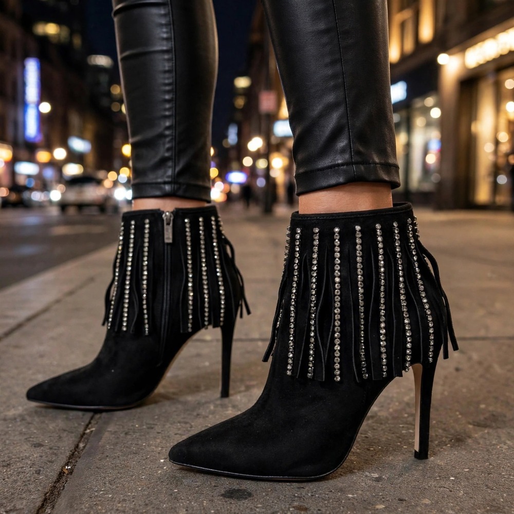 Jessica Simpson Black Suede Rhinestone Fringe Stiletto Ankle Booties Heels Women